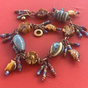 Tiger's Eye Carved Gemstones & Ceramic Art Beads Wire Wrapped Linked Bracelet